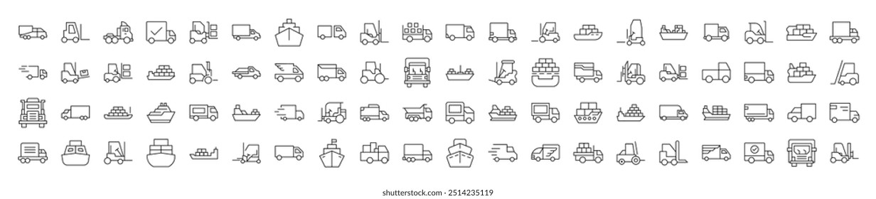 Set of Line Icons of Ship, Van, Tractor. Editable Stroke. Minimalistic Linear Pictogram for Design of Cards, Apps, Banners, Posts