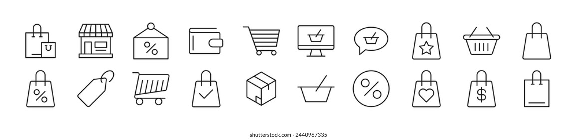 Conjunto de iconos de línea de la tienda. Trazo editable. Signo de esquema simple para sitios web, periódicos, libros de artículos