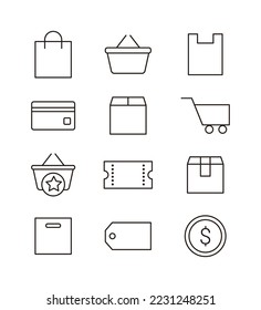 Juego de íconos de línea para compras, centros comerciales y concepto de mercado en un estilo simple y minimalista. Tarjeta, bolso de compra, carrito de compras, caja, carrito, cupón, correo, envío, etiqueta, dinero.