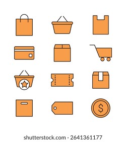 Set of line icons for shopping, mall and market concept in simple and minimalistic style. Card, shopping bag, shopping cart, box, cart, coupon, courier, shipping, label, money.