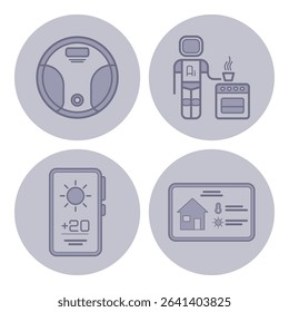 Set of line icons showcasing smart home technology. Robotic vacuum, astronaut preparing food, weather display, and smart home management panel