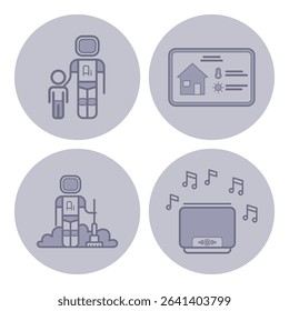 Set of line icons showing robot with child, smart home device, robot cleaning, and speaker with musical notes. Innovation and interaction concept