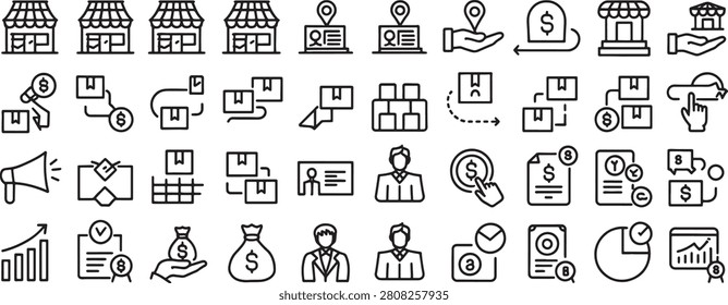 Set of Line Icons Showing Small Business Services, Transactions, Banking, and Payment Concepts for Commerce Planning