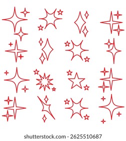 Set line icons of sparkling and twinkling sta. Starburst And Sparkle Line Icon Set. Outline Symbol Collection. Editable Stroke icon.