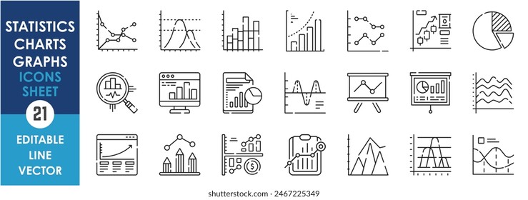 A set of line icons with statistics, probability and charts. Pie charts, bar graph, curves, analysis, variance and so on. Vector outline icons set.