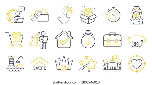 Set of line icons, such as 360 degrees, Scroll down, Nurse symbols. Shopping cart, Timer, Arena signs. Heart target, Opened gift, Swipe up. Crown, Lighthouse, Sale. Portfolio, Low percent. Vector