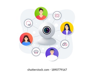 Set of line icons, such as 360 degrees, Wedding rings, Cloud system symbols. Web camera remote streaming. Online video conference banner. Crown line icons. Full rotation, Love, Data storage. Vector