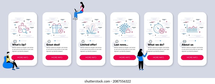 Set of line icons, such as Add gift, Covid virus, 5g internet icons. UI phone app screens with teamwork. Fireworks, Search puzzle, Money diagram line symbols. Vector