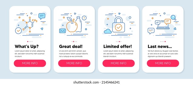 Set of line icons, such as Apple, Security lock, Chemical formula symbols. Mobile screen mockup banners. Internet chat line icons. Diet food, Cyber protection, Chemistry. Online communication. Vector