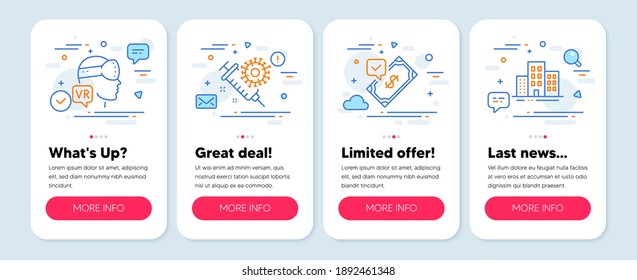 Set of line icons, such as Augmented reality, Coronavirus vaccine, Accepted payment symbols. Mobile screen banners. Buildings line icons. Virtual reality, Syringe, Bank transfer. Vector