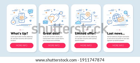 Set of line icons, such as Augmented reality, New mail, Male female symbols. Mobile screen mockup banners. World mail line icons. Phone simulation, Add e-mail, Love heart. Chat. Vector