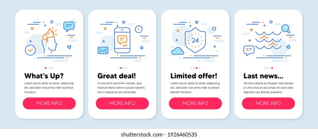 Set of line icons, such as Brand ambassador, 24 hours, Message symbols. Mobile app mockup banners. Waves line icons. Megaphone, Protection, Phone messenger. Water wave. Brand ambassador icons. Vector