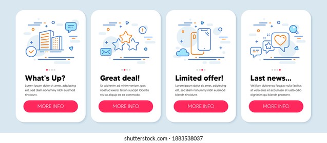 Set of line icons, such as Buildings, Smartphone, Ranking stars symbols. Mobile screen mockup banners. Heart line icons. City architecture, Phone, Winner award. Star rating. Buildings icons. Vector