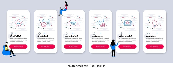 Set of line icons, such as Calendar discounts, Business vision, Quickstart guide icons. UI phone app screens with teamwork. New star, Copywriting notebook, Light bulb line symbols. Vector