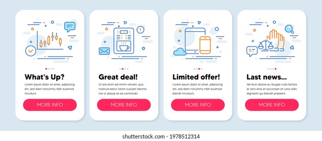 Set of line icons, such as Candlestick graph, Coffee maker, Mobile devices symbols. Mobile screen banners. Court jury line icons. Finance chart, Tea machine, Smartphone with tablet. Vector