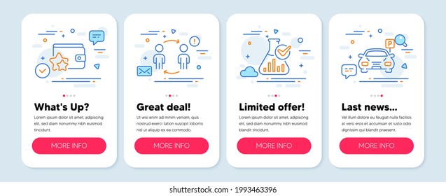 Set of line icons, such as Chemistry lab, Workflow, Loyalty program symbols. Mobile screen mockup banners. Parking line icons. Laboratory flask, Partnership, Bonus wallet. Car park. Vector