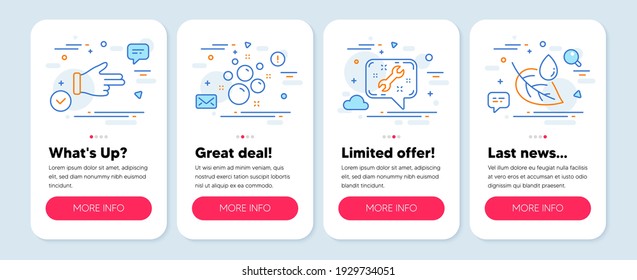 Set of line icons, such as Clean bubbles, Spanner, Click hand symbols. Mobile screen app banners. Leaf dew line icons. Laundry shampoo, Repair service, Direction finger. Water drop. Vector
