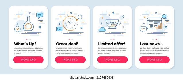 Set of line icons, such as Cognac bottle, Time change, Cold coffee symbols. Mobile screen banners. Web report line icons. Brandy alcohol, Clock, Ice cubes in beverage. Graph chart. Vector