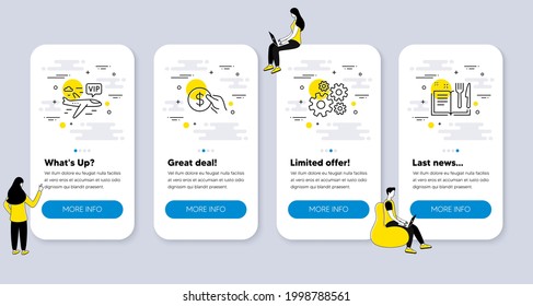 Juego de iconos de línea, como CogWheel, Vip vuelo, iconos de pago. pantallas de aplicación de la interfaz de usuario con personas. Símbolos de la línea del libro de recetas. Herramienta de ingeniería, avión Charter, moneda de US. Comida. Banners de interfaz de usuario de teléfono. Vector