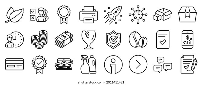 Set of line icons, such as Confirmed, Mint leaves, Packing boxes icons. Checked file, Shampoo and spray, Package box signs. Reward, Printer, Copywriting notebook. Credit card, Coins, Info. Vector