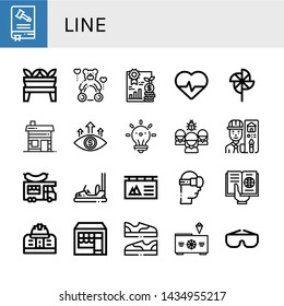 Set of line icons such as Constitution, Plant, Teddy, Analytics, Cardiology, Pinwheel, Hut, Focus, Idea, Organization, Architect, Food truck, Bumper car, Banner, Virtual reality , line
