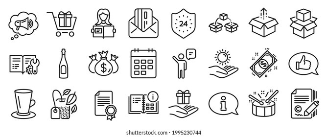 Set of line icons, such as Copywriting, Check investment, Credit card icons. Parcel shipping, Champagne, Calendar signs. Agent, Sun protection, Drums. Loyalty program, Instruction info. Vector