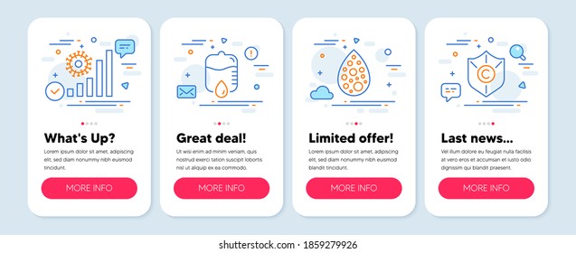 Set of line icons, such as Coronavirus statistics, Artificial colors, Drop counter symbols. Mobile screen mockup banners. Copyright protection line icons. Vector