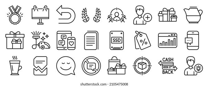 Set of line icons, such as Corrupted file, Shopping, Smile icons. Undo, Vacuum cleaner, Holiday presents signs. Parcel tracking, Add person, Honor. Ssd, Smartphone message, Copy files. Vector