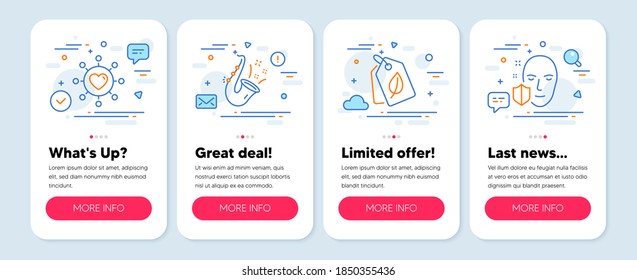 Set of line icons, such as Dating network, Jazz, Bio tags symbols. Mobile app mockup banners. Face protection line icons. Relationships network, Saxophone, Leaf. Secure access. Vector