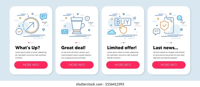 Set of line icons, such as Direction, Latte, Buying symbols. Mobile screen app banners. Phone insurance line icons. Navigation pointer, Coffee beverage, E-commerce shopping. Full coverage. Vector