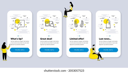 Set of line icons, such as Discount message, Search book, Laurel wreath icons. UI phone app screens with people. Shampoo line symbols. Special offer, Online education, Laureate reward. Vector