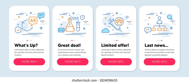 Set of line icons, such as Dog vaccination, Chemistry lab, Augmented reality symbols. Mobile app mockup banners. Management line icons. Pets medicine, Medical laboratory, Virtual reality. Vector