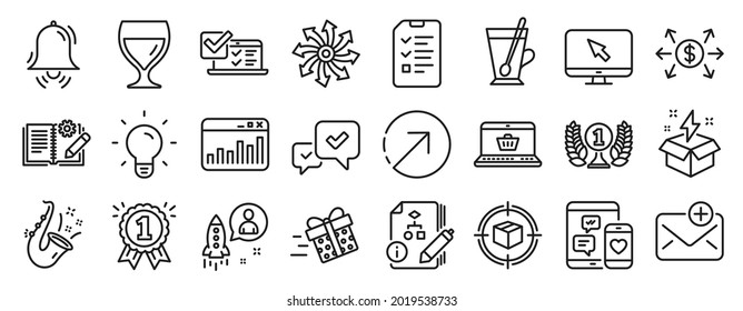 Set of line icons, such as Dollar exchange, Startup, Online shopping icons. Online survey, Internet, Engineering documentation signs. Reward, Algorithm, Marketing statistics. Jazz, Approve. Vector