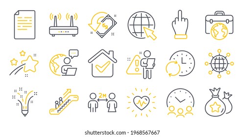 Set Of Line Icons, Such As Escalator, Inspiration, Update Time Symbols. Cashback, Wifi, Internet Signs. Document, International Globe, Meeting Time. Loyalty Points, Middle Finger. Vector