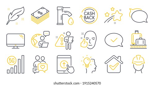 Juego de iconos de línea, como Feather, Computer, Tap water. Idea, chat de citas, carteles de dólares. Baje, reclame de equipaje, burbuja Talk. Cashback, mensaje aprobado, capataz. Cara sana. Vector