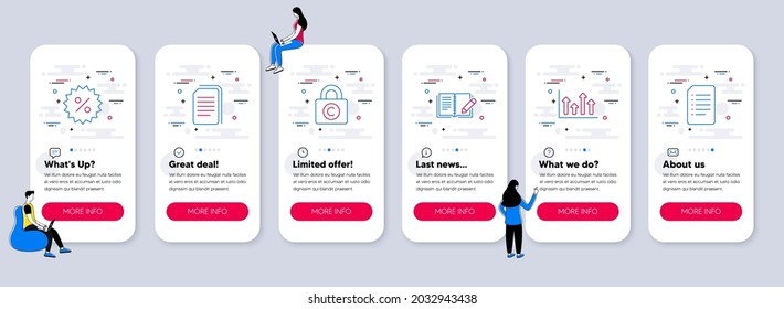 Set of line icons, such as Feedback, Upper arrows, Copyright locker icons. UI phone app screens with teamwork. Copy files, Discount, Document line symbols. Vector