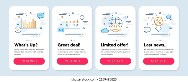 Conjunto de iconos de línea, como ingeniería global, diagrama de columnas, símbolos de diagrama de barras. Banners de aplicaciones de pantalla móvil. Iconos de línea de descuento. Arquitectura web, estadísticas de ventas, gráfico de estadísticas. Vector