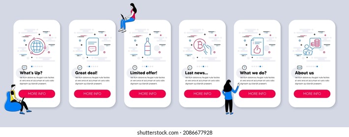 Satz von Zeilensymbols, wie z. B. Globe, Kommentare, genehmigte Dokumentsymbole. UI Telefon-App-Bildschirme mit Teamwork. Bitcoin-Bezahlung, Weinflasche, Haushaltsrechnungscharakter. Vektorgrafik