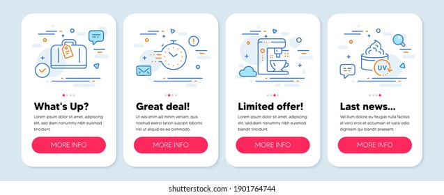 Set of line icons, such as Hand baggage, Timer, Coffee maker symbols. Mobile screen app banners. Uv protection line icons. Airport bag, Deadline management, Tea machine. Skin cream. Vector