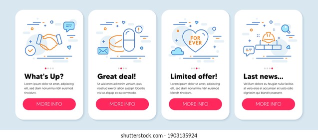 Set Of Line Icons, Such As Handshake, Medical Drugs, For Ever Symbols. Mobile Screen Mockup Banners. Construction Bricks Line Icons. Deal Hand, Medicine Pills, Love Sweetheart. Builder. Vector