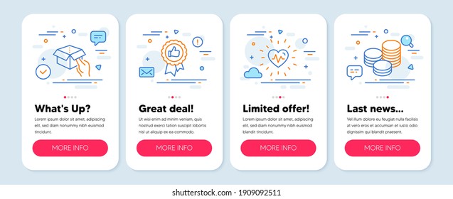 Set of line icons, such as Hold box, Heartbeat, Positive feedback symbols. Mobile screen banners. Tips line icons. Delivery parcel, Medical heart, Award medal. Cash coins. Hold box icons. Vector