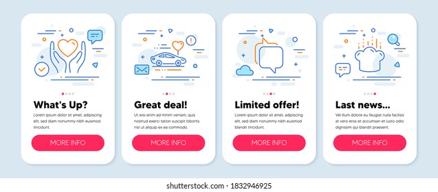 Set of line icons, such as Honeymoon travel, Messenger, Hold heart symbols. Mobile screen app banners. Cooking hat line icons. Car trip, Speech bubble, Friendship. Chef. Honeymoon travel icons. Vector