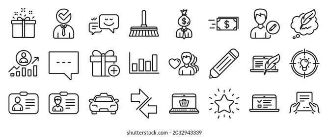 Juego de iconos de línea, como tarjeta de identificación, escalera de carrera, iconos de diagrama de informes. Limpieza, derechos de autor para laptop, señales de transferencia de dinero. Recibir archivo, lápiz, Editar persona. Añadir regalo, Taxi, Estrella de Rank. Vector