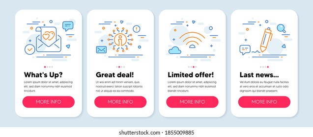 Set of line icons, such as Info, Love letter, Wifi symbols. Mobile app mockup banners. Signature line icons. Information, Valentine mail, Wi-fi internet. Written pen. Info icons. Vector