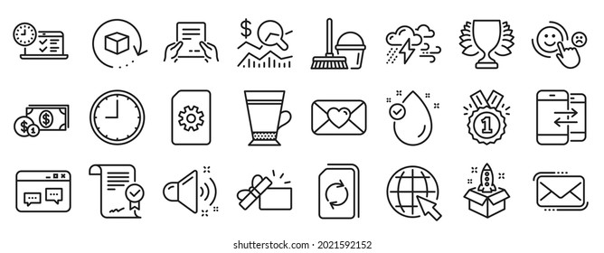 Set of line icons, such as Internet, Time, Latte icons. Dollar money, Update document, Bucket with mop signs. Messenger mail, Return package, Approved agreement. Phone communication. Vector