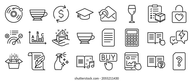 Set of line icons, such as Internet report, Americano, Send mail icons. Graduation cap, Vinyl record, Calculator signs. Help, Feather, Dollar exchange. Skin care, Wine glass, Music book. Vector