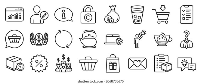 Set of line icons, such as Interview, Delivery timer, Hiring employees icons. Shop cart, Salary employees, Espresso cream signs. Shopping cart, Copyright locker, Ice tea. Teapot, Edit user. Vector