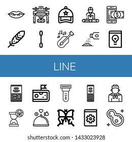 Set of line icons such as Lips, Feather, Drone, Cotton swab, Cap, Guitar, Engineer, Powder, Mobile payment, Design book, Marshmallow, Hourglass, Cheese, Review, Scraper , line