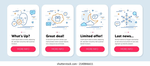 Set of line icons, such as Love night, Health skin, Gift dream symbols. Mobile app mockup banners. Snowflake line icons. Romantic evening, Clean face, Receive a gift. Snow. Love night icons. Vector