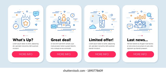 Set of line icons, such as Loyalty star, Business podium, Water glass symbols. Mobile screen app banners. Teamwork results line icons. Bonus reward, Team nomination, Soda drink. Group work. Vector